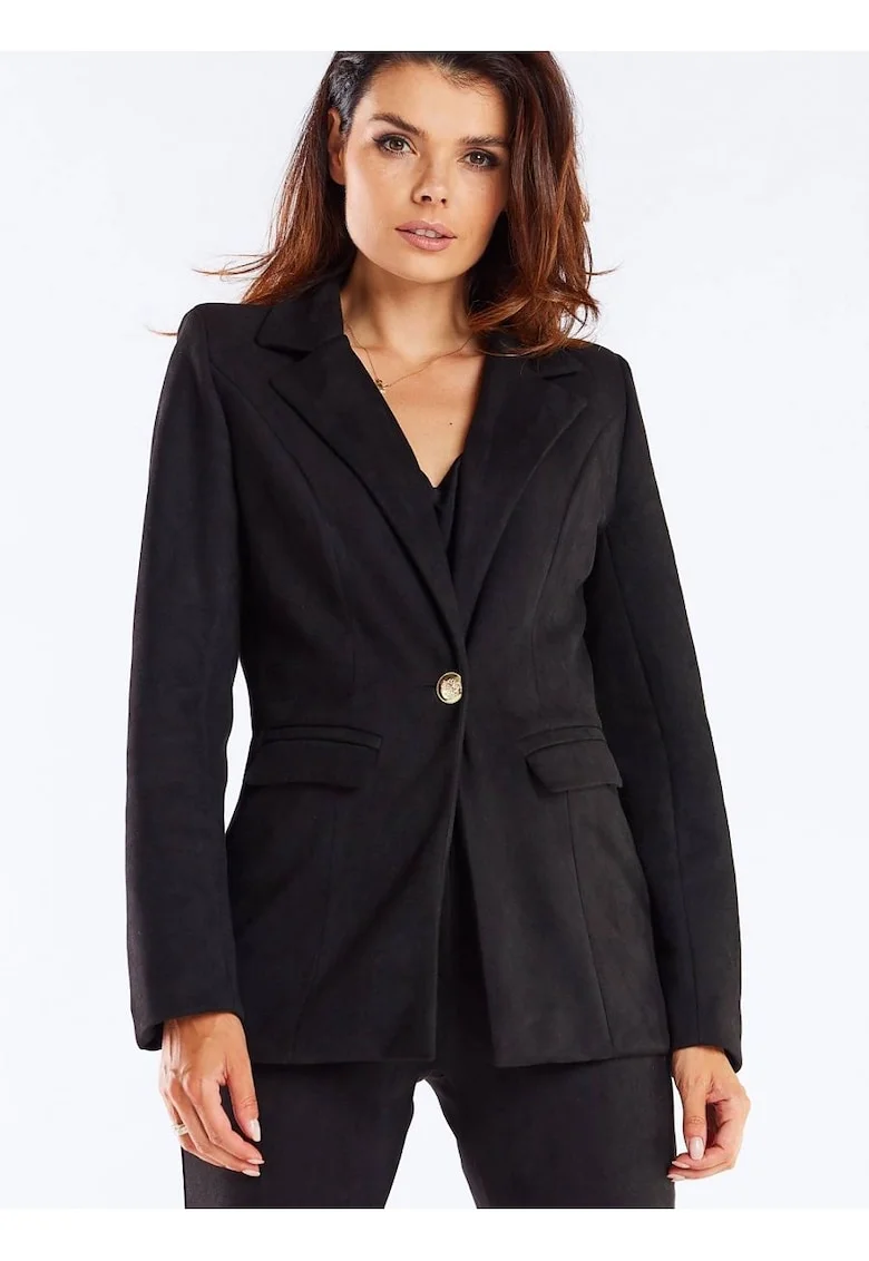 Geaca eleganta dama,  neagra, poliester, cu nasture decorativ aurie