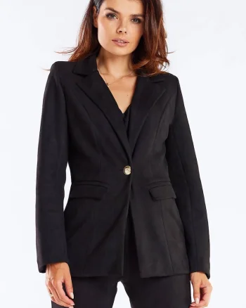 Geaca eleganta dama,  neagra, poliester, cu nasture decorativ aurie