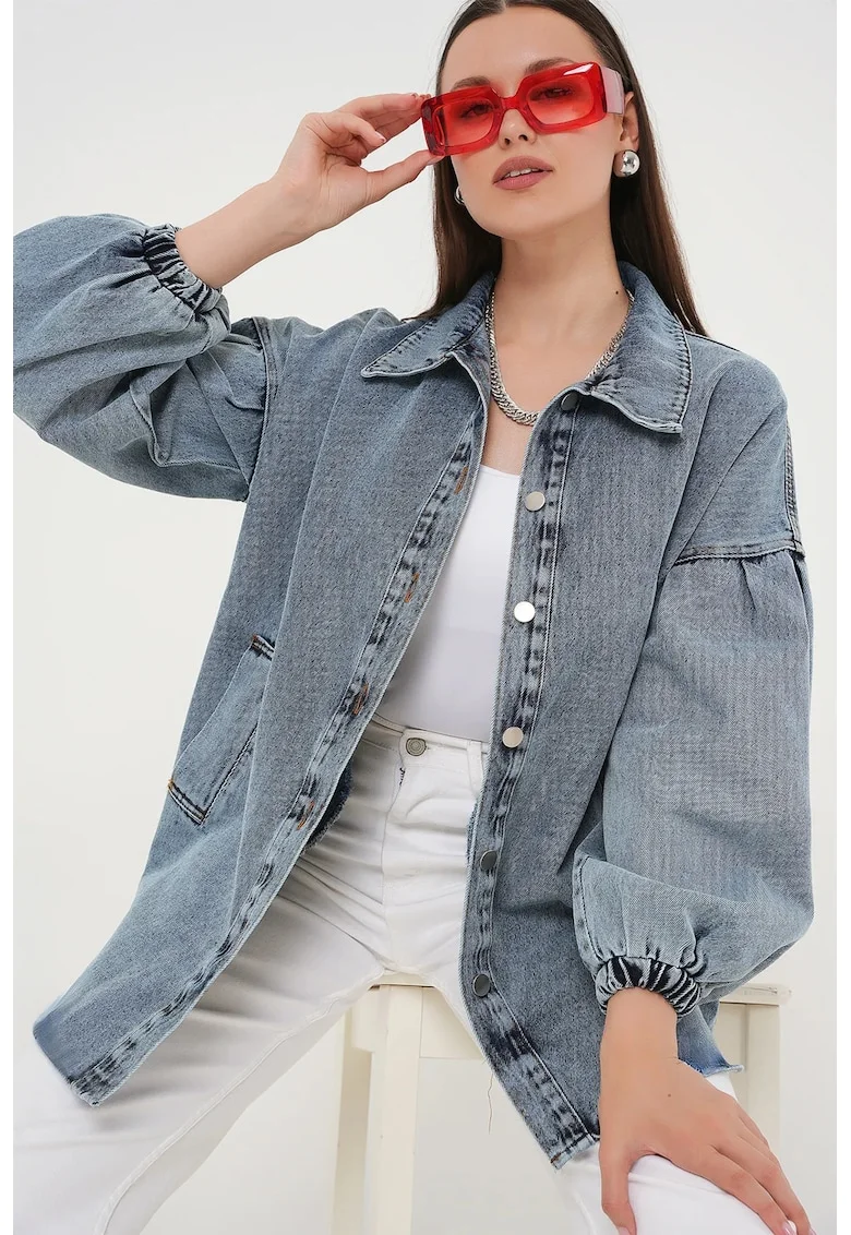 Geaca de blugi,  supradimensionata, guler tip camasa, albastru Maya, denim