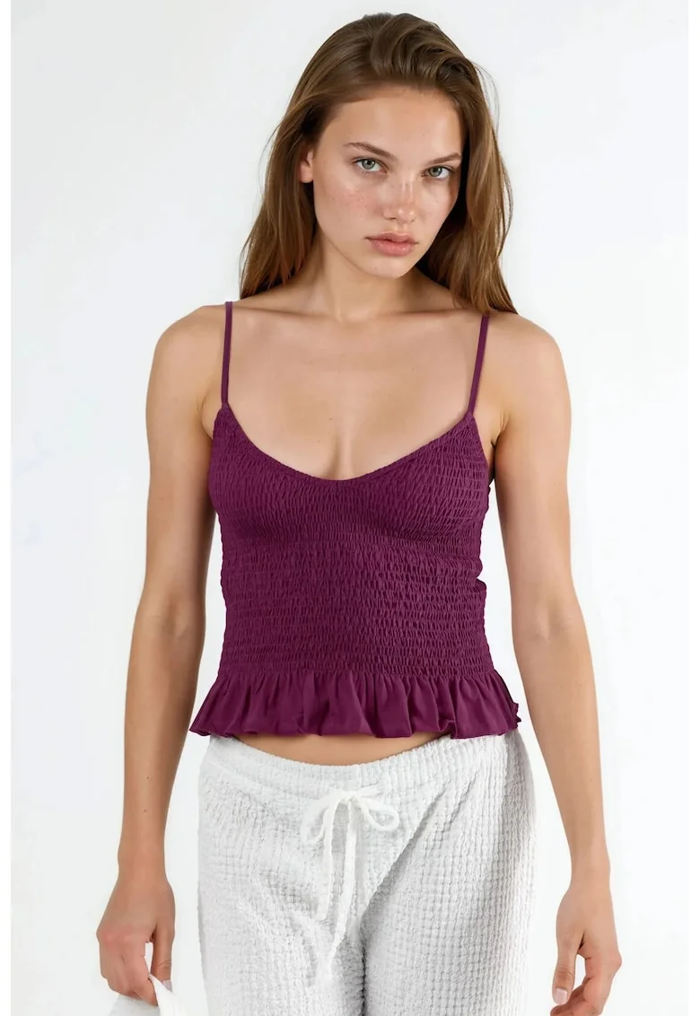Bluza scurta  volane, decolteu in V, roz pudra, bumbac