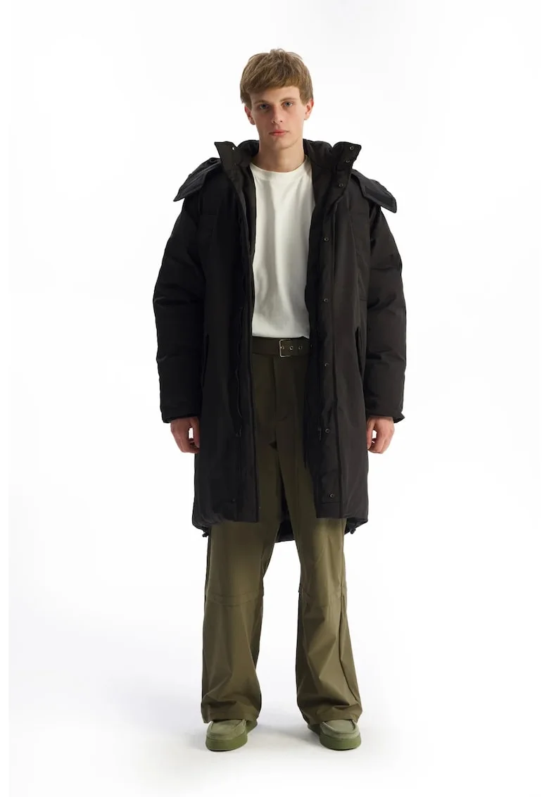 Geaca lunga Puffer,  gluga, buzunare, negru, poliester