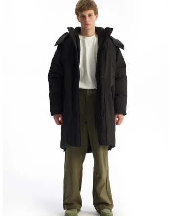 Geaca lunga Puffer,  gluga, buzunare, negru, poliester