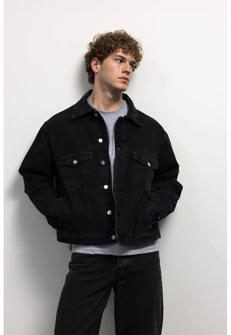 Geaca barbati,  denim, cu nasturi si buzunar, negru, 100% bumbac
