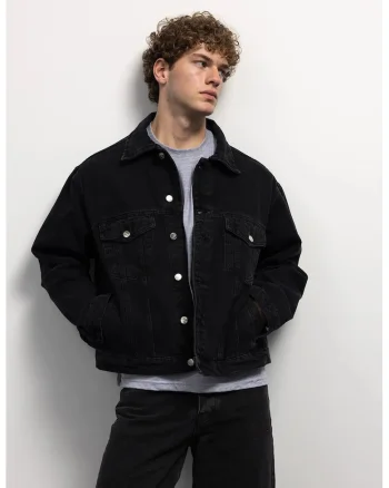 Geaca barbati,  denim, cu nasturi si buzunar, negru, 100% bumbac