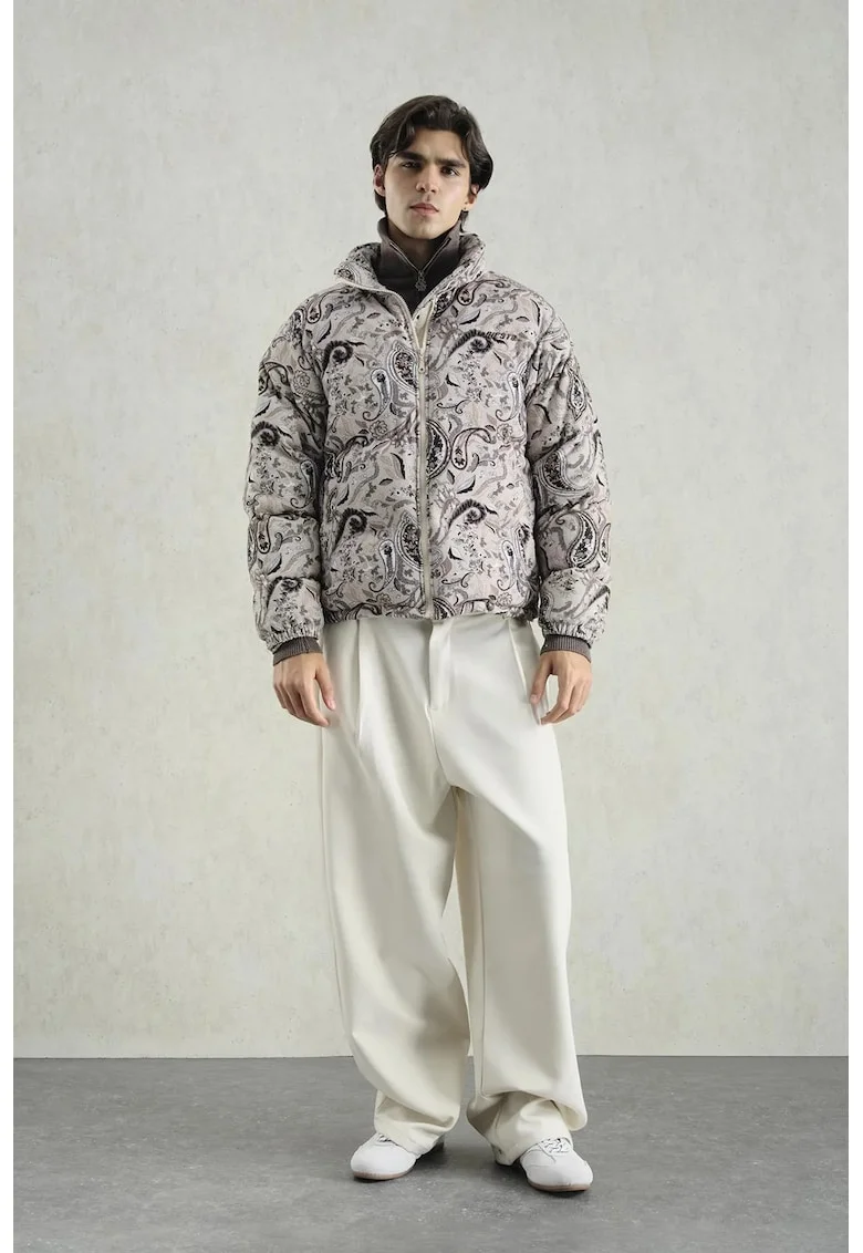 Geaca bomber puffer,  cu model, guler cu fermoar, bej, poliester si bumbac