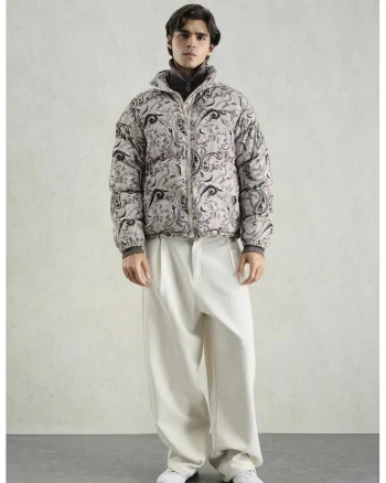 Geaca bomber puffer,  cu model, guler cu fermoar, bej, poliester si bumbac