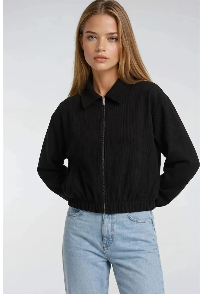 Geaca dama,  cu fermoar, buzunare, negru, textil