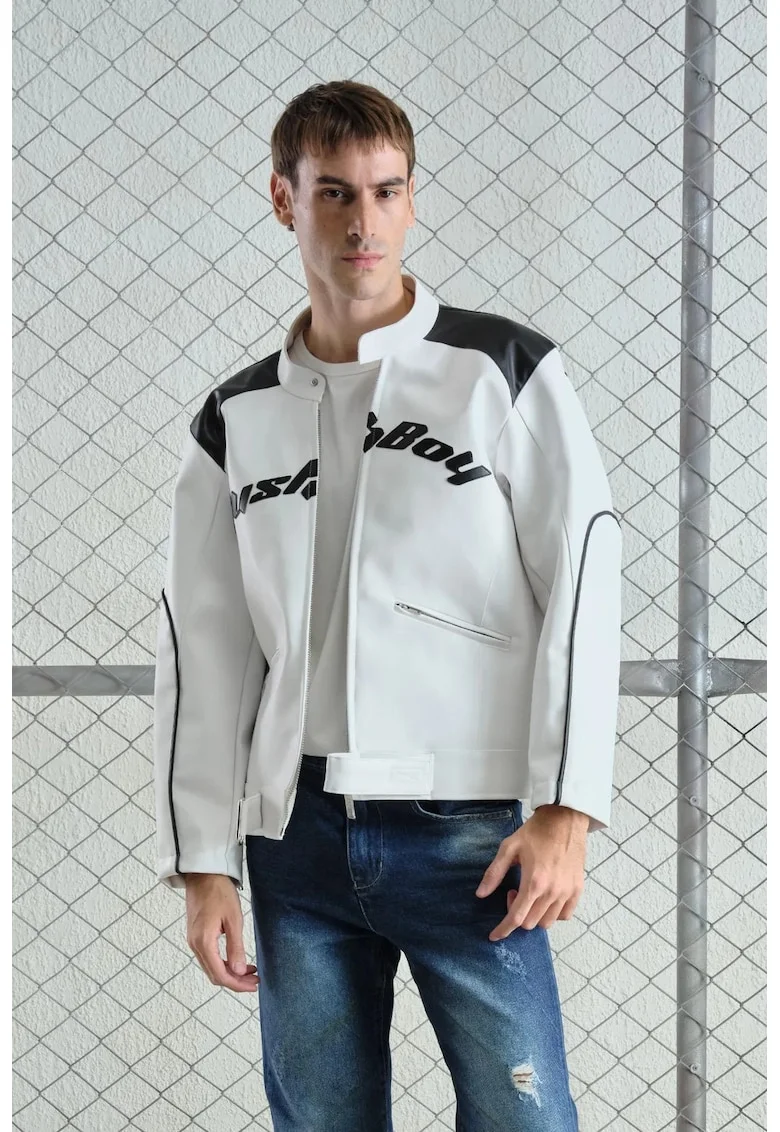 Geaca barbati,  jacheta de gabardina cu fermoar, broderie, alb, material durabil
