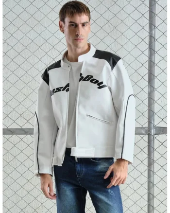 Geaca barbati,  jacheta de gabardina cu fermoar, broderie, alb, material durabil