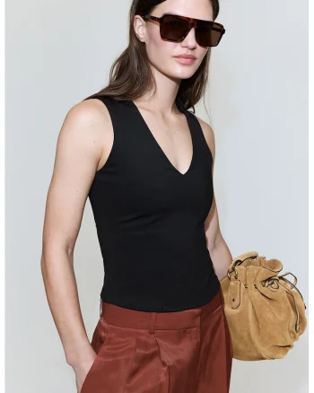Top slim fit cu decolteu in V, Negru