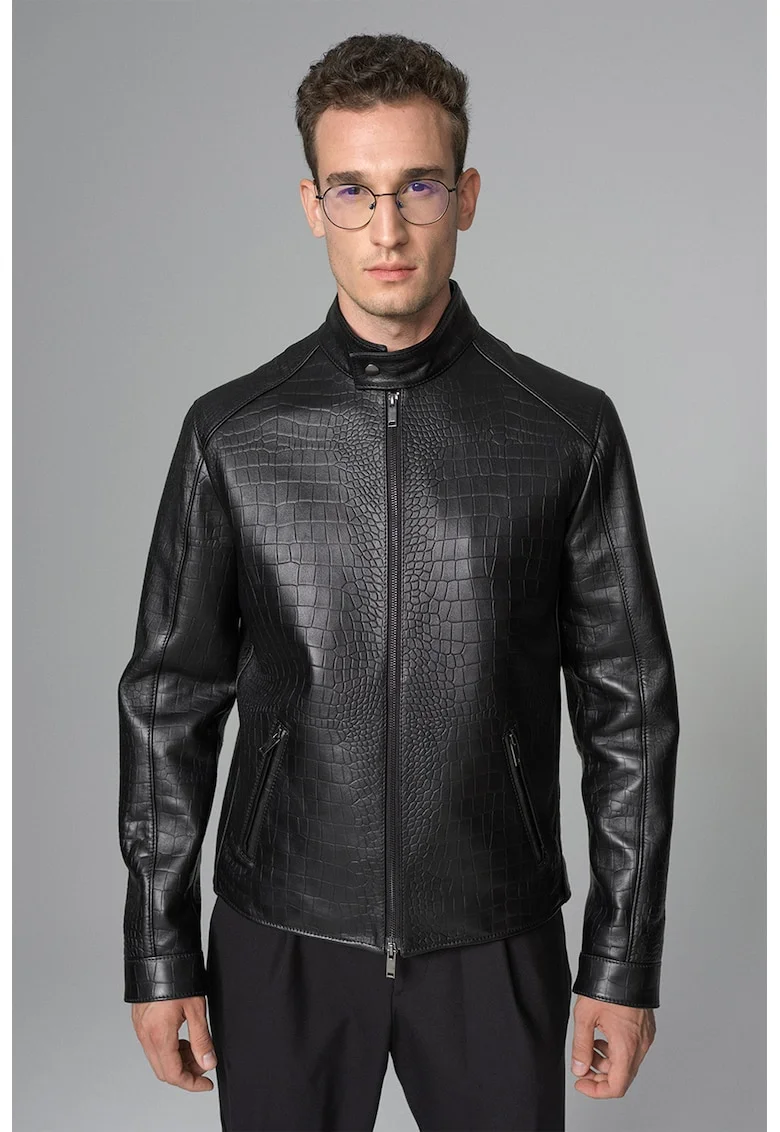 Jacheta din piele cu aspect de piele de crocodil, Negru