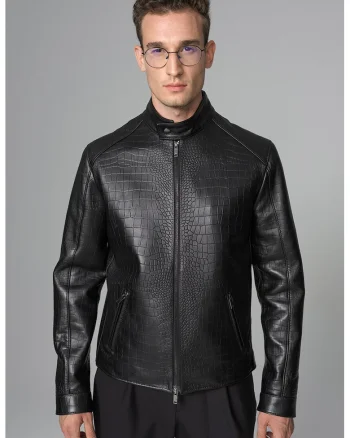 Jacheta din piele cu aspect de piele de crocodil, Negru