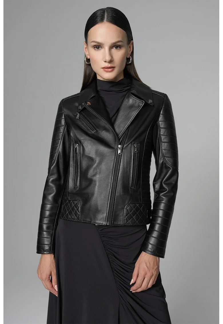 Geaca biker din piele de ovina 1044, Negru