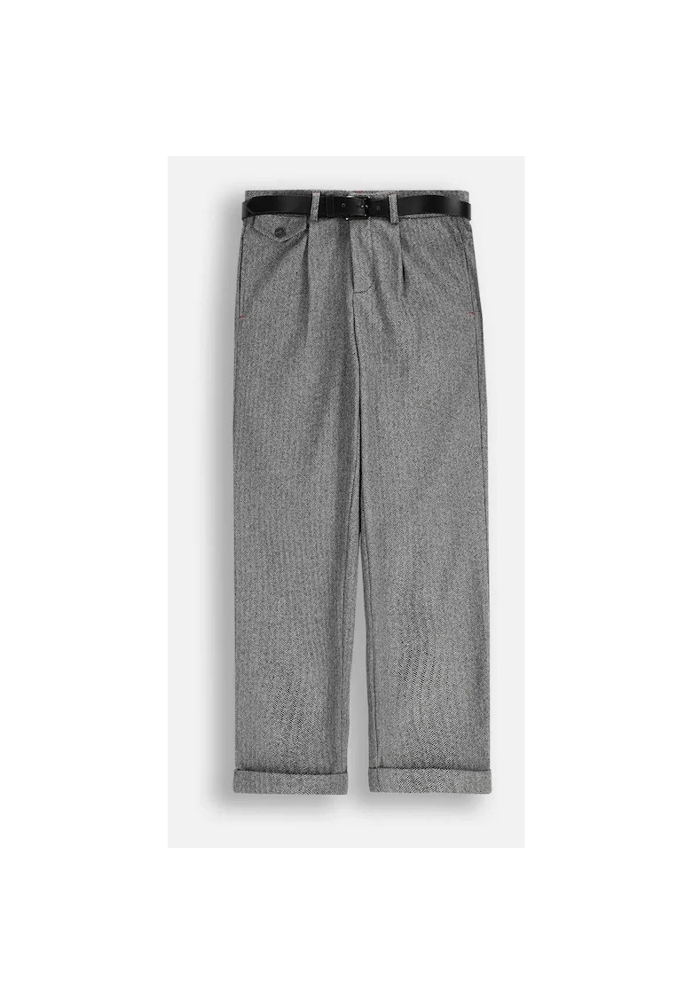 Pantaloni cu imprimeu herringbone si curea