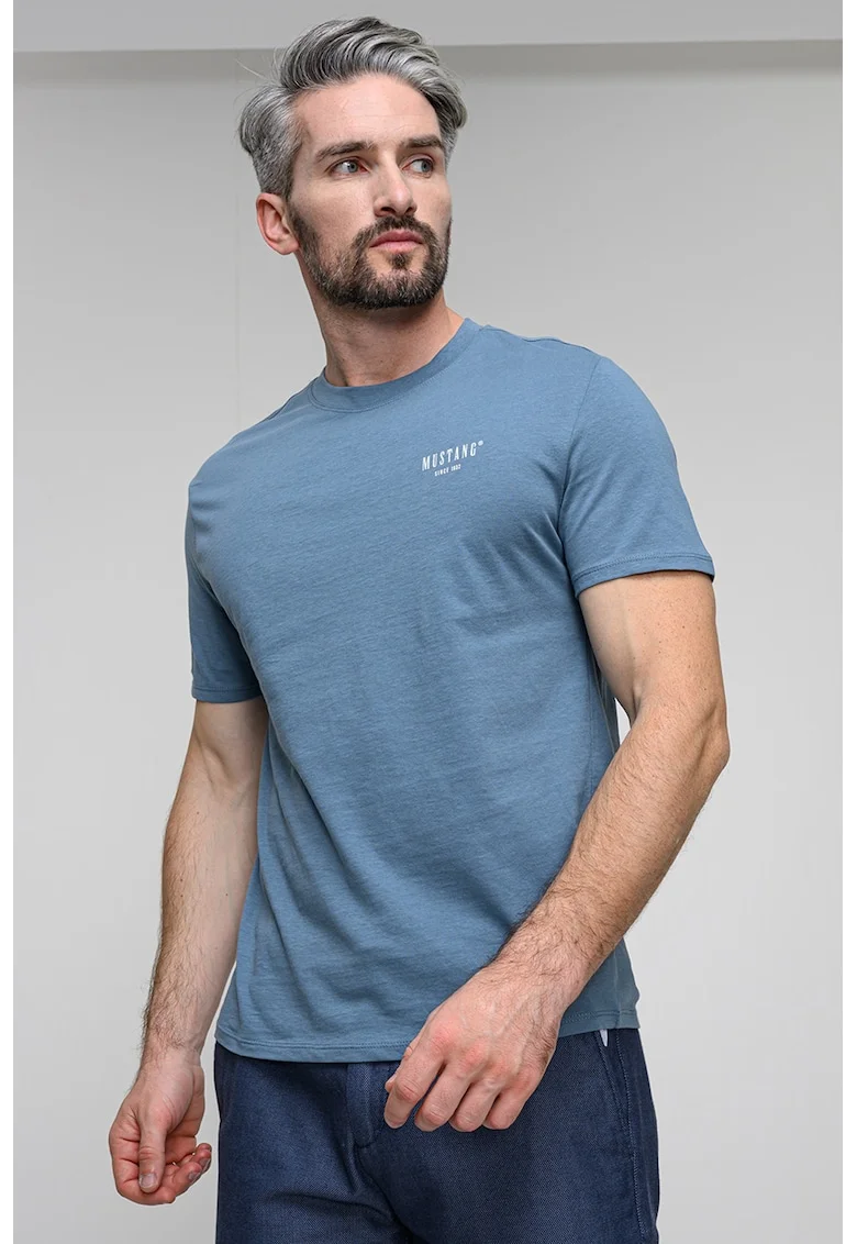 Tricou din bumbac cu decolteu la baza gatului, Alb/Albastru prafuit