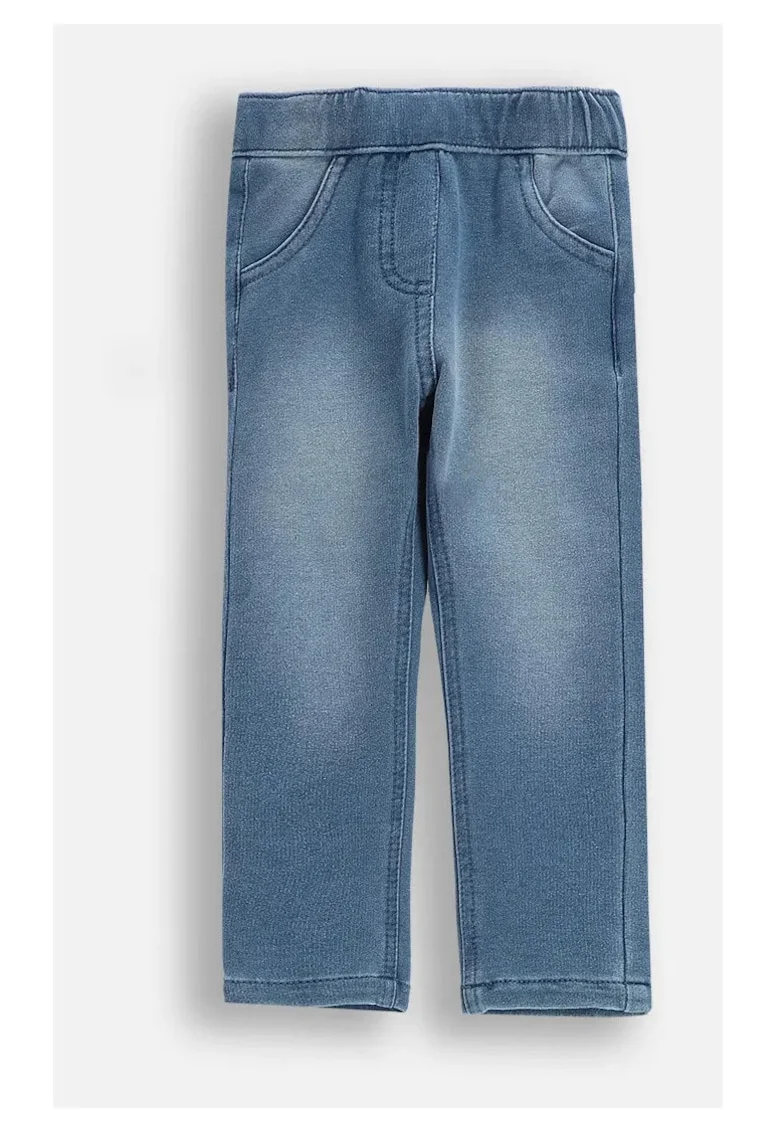 Blugi elastici  pentru fete, albastri, denim moale, aplicatie decorativa
