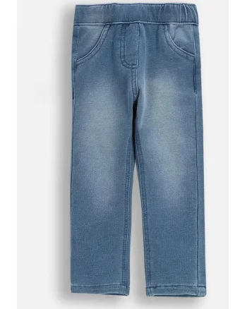 Blugi elastici  pentru fete, albastri, denim moale, aplicatie decorativa