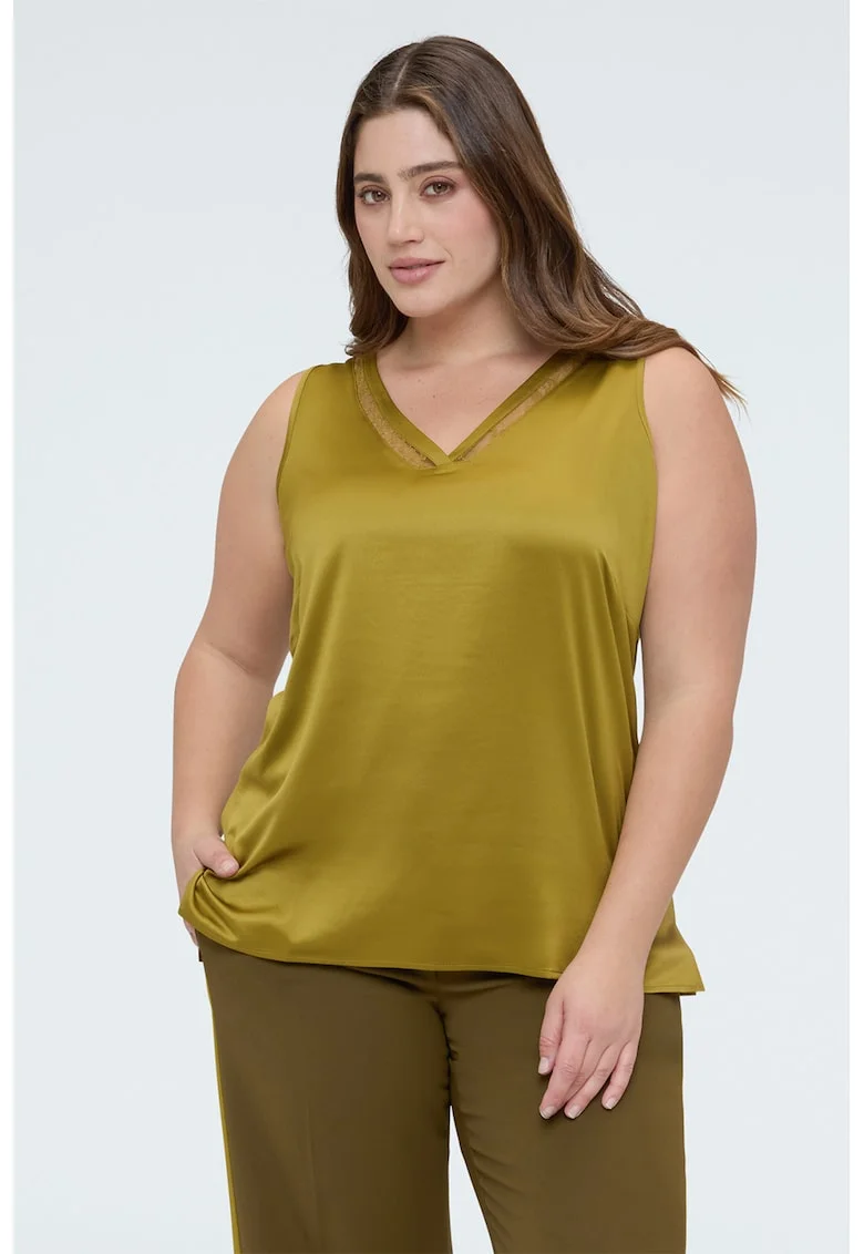 Top cu aspect de satin si insertii din dantela, Kaki