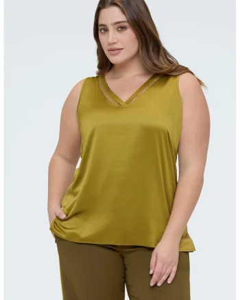 Top cu aspect de satin si insertii din dantela, Kaki