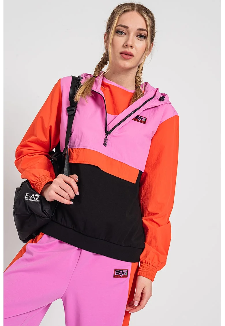 Jacheta cu gluga si model colorblock, fara inchidere, Negru/Portocaliu/Roz