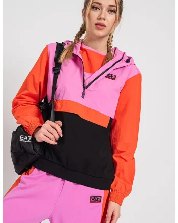 Jacheta cu gluga si model colorblock, fara inchidere, Negru/Portocaliu/Roz