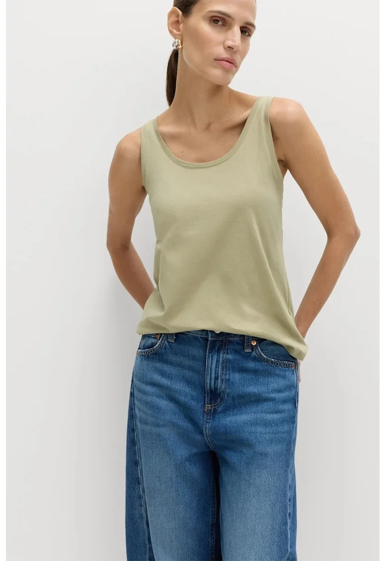 Top de bumbac cu decolteu rotund, Kaki deschis
