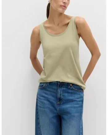 Top de bumbac cu decolteu rotund, Kaki deschis