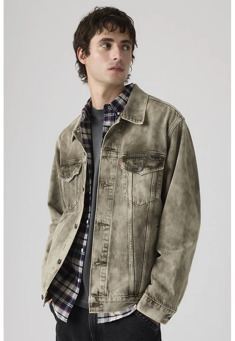 Jacheta relaxed fit din denim cu buzunare cu clapa pe piept, Kaki
