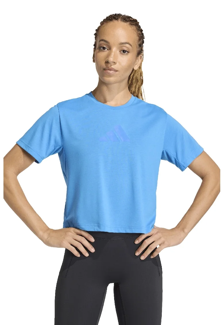 Tricou crop cu logo, pentru fitness, Albastru royal