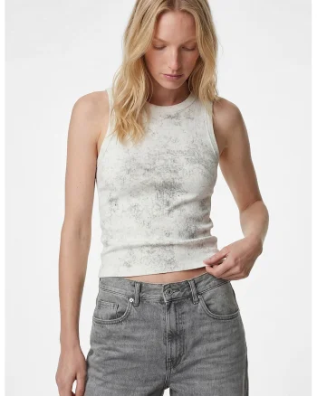 Top slim fit cu decolteu rotund, Gri deschis