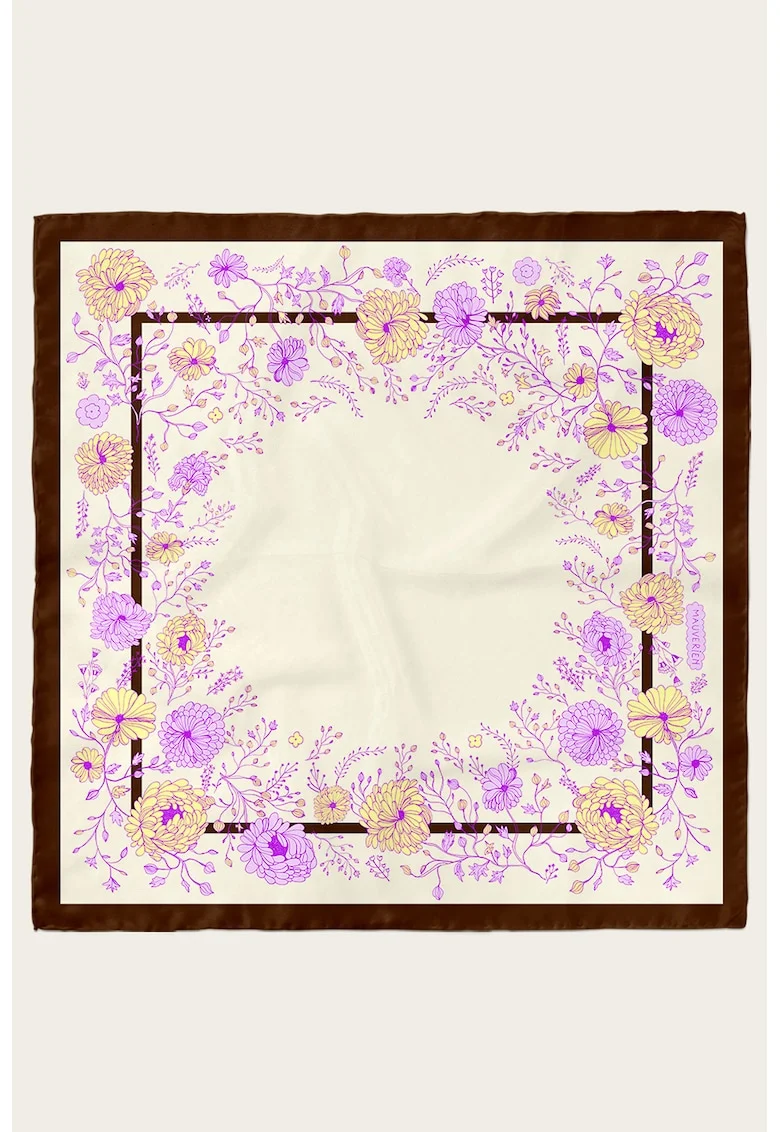Esarfa de matase cu model floral, Maro/Lila/Alb murdar