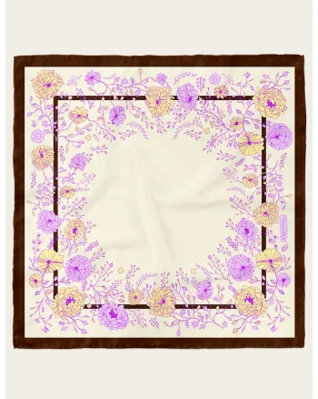 Esarfa de matase cu model floral, Maro/Lila/Alb murdar