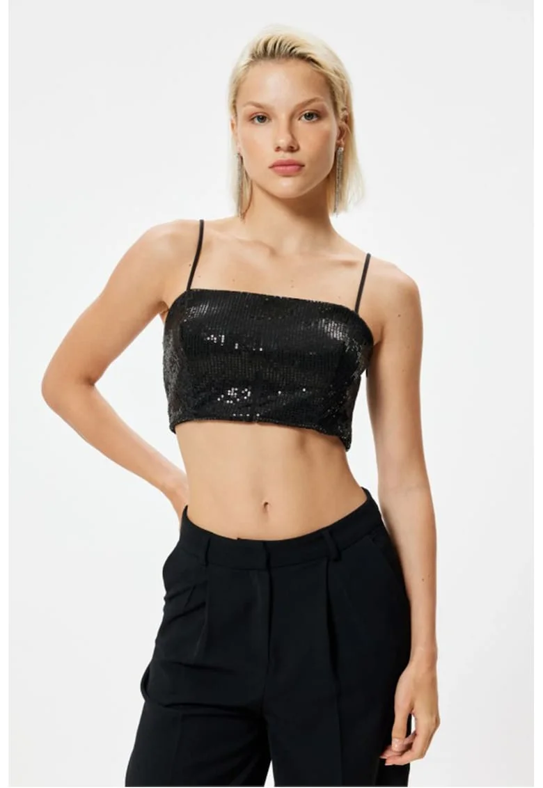 Top crop cu particule stralucitoare, Negru