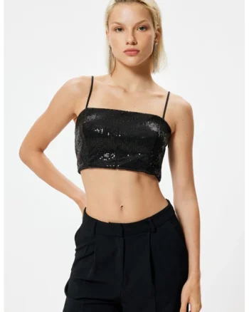 Top crop cu particule stralucitoare, Negru