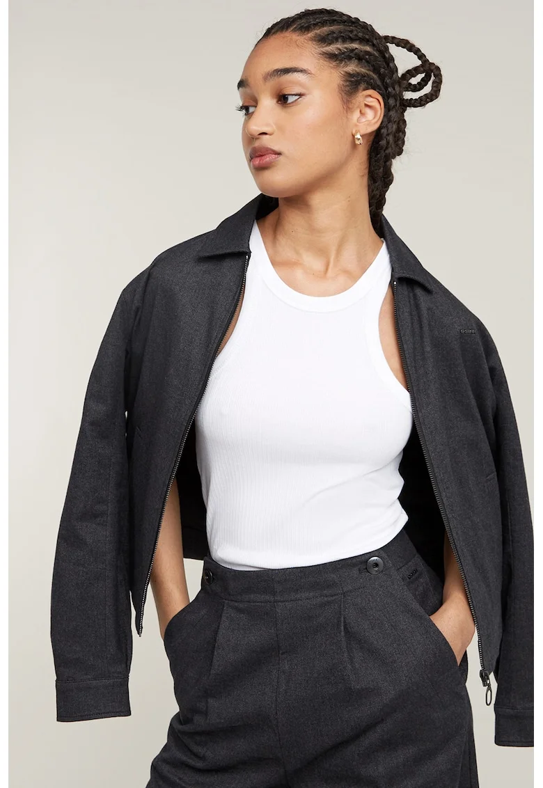 Jacheta din denim cu fermoar si guler clasic, Gri antracit