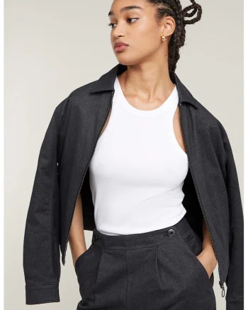 Jacheta din denim cu fermoar si guler clasic, Gri antracit
