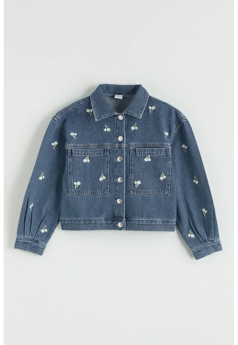Jacheta din denim cu flori brodate, Albastru inchis melange