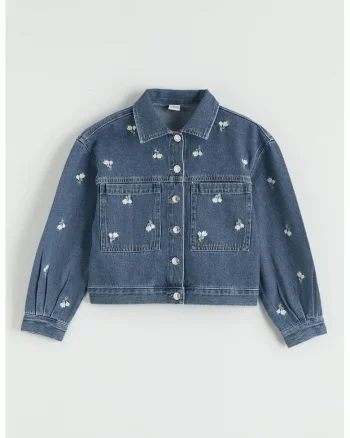 Jacheta din denim cu flori brodate, Albastru inchis melange