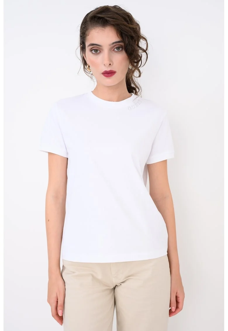 Tricou de bumbac cu decolteu la baza gatului, Alb