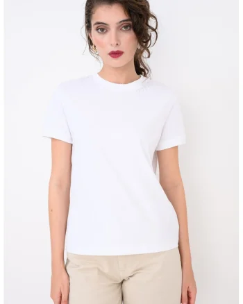 Tricou de bumbac cu decolteu la baza gatului, Alb