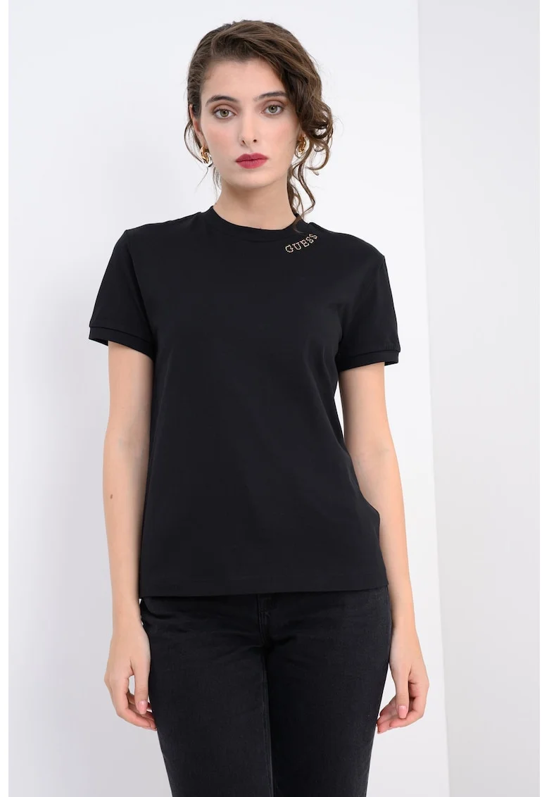 Tricou de bumbac cu decolteu la baza gatului, Negru