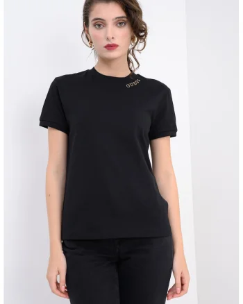 Tricou de bumbac cu decolteu la baza gatului, Negru