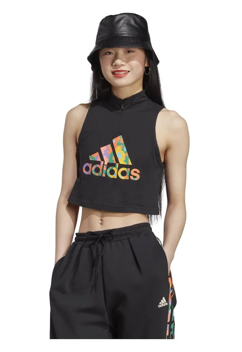 Maiou sport, adidas, cropped, imprimeu camo, negru, bumbac,