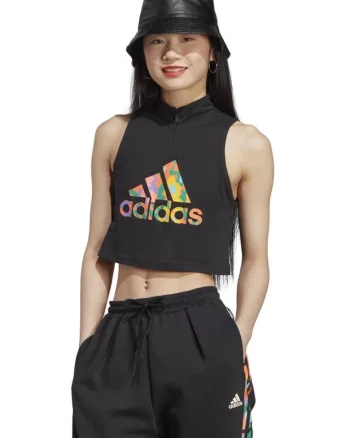 Maiou sport, adidas, cropped, imprimeu camo, negru, bumbac,