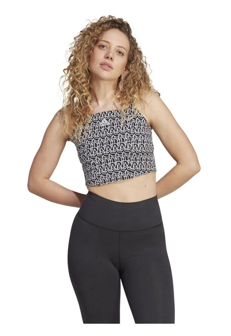 Maiou sport dama, adidas, stil corset, imprimeu repetat, negru, bumbac elastic