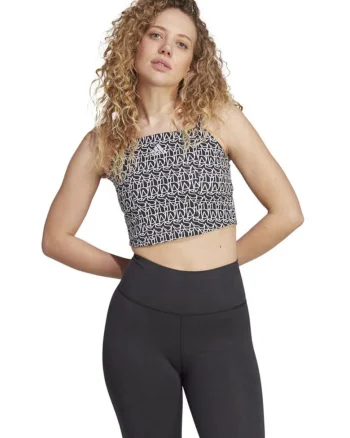 Maiou sport dama, adidas, stil corset, imprimeu repetat, negru, bumbac elastic