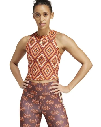 Maiou sport dama, adidas, FARM Rio, imprimeu colorat, portocaliu, material reciclat