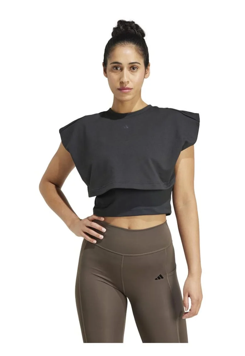 Top scurt sport adidas, Power Boxy, negru, materiale reciclate, tehnologie AEROREADY,