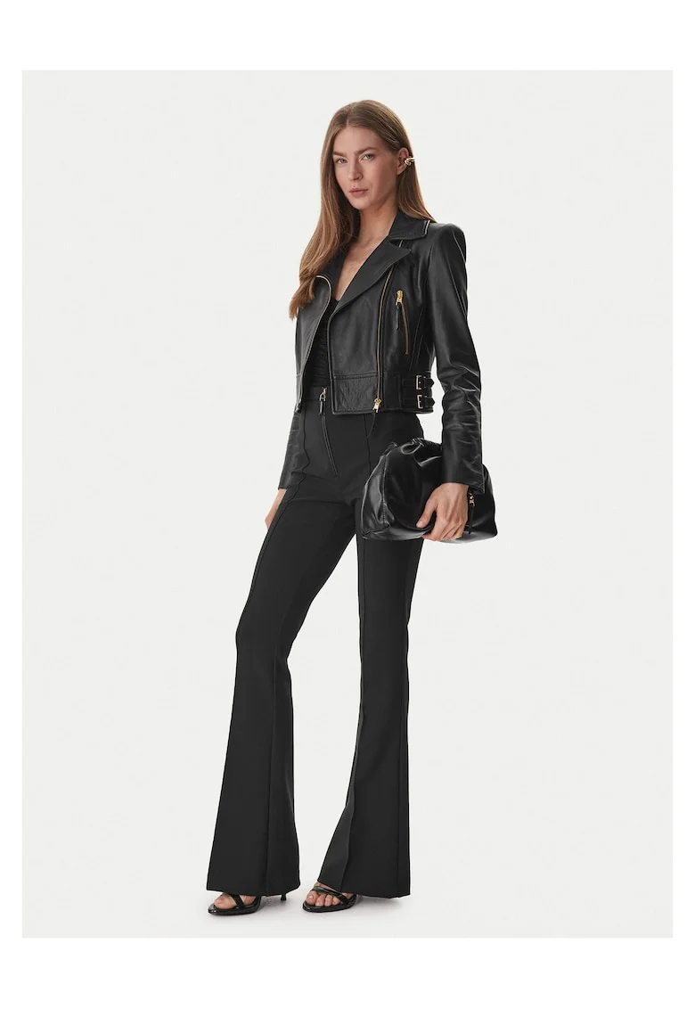 Geaca dama,  piele naturala, neagra, cu fermoar, cu buzunare cu fermoar,