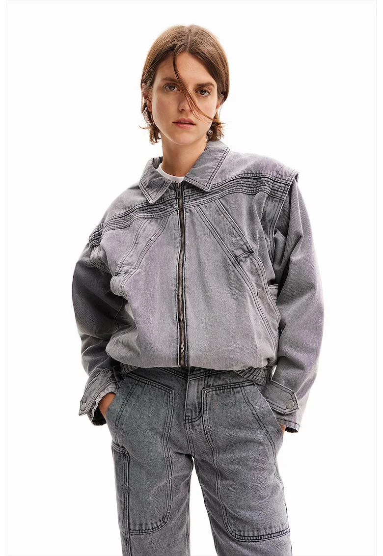 Jacheta convertibila de denim Tae, Gri deschis